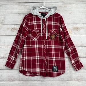 Wizarding World of Harry Potter Gryffindor Plaid Hooded Flannel Shirt Mens M Red